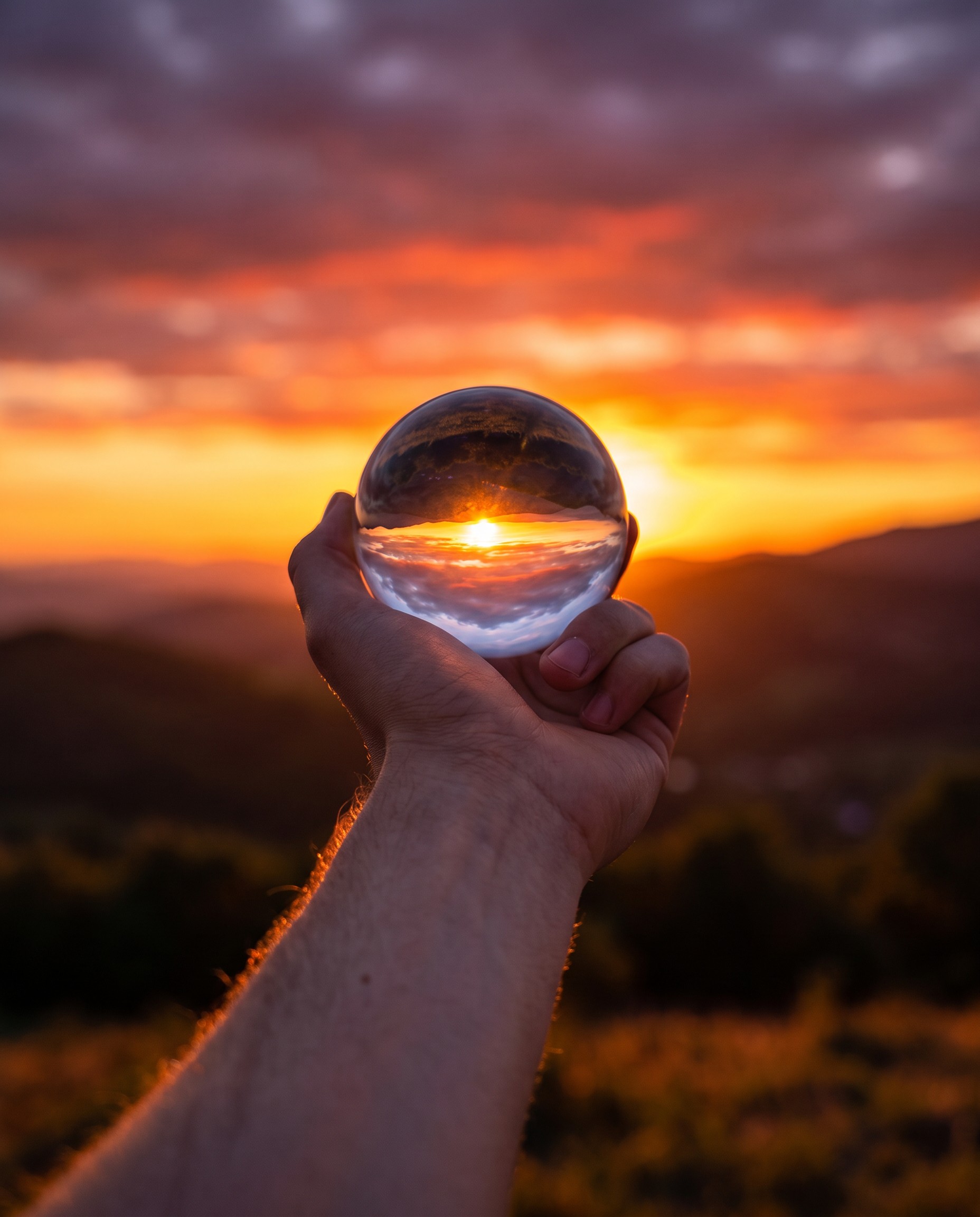 A clear glass ball held up to a sunset, showing it upside down