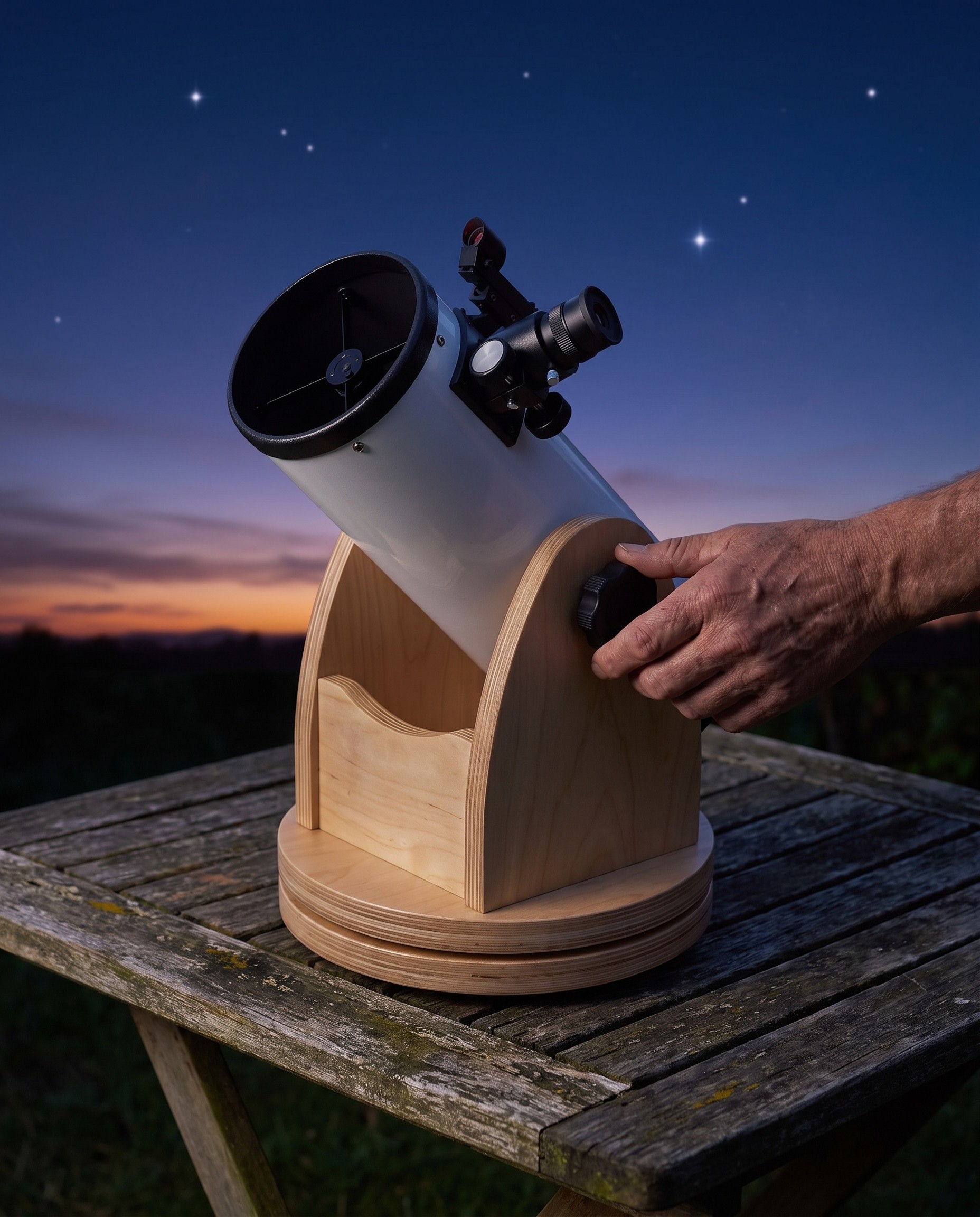A small white telescope on a garden table at dusk